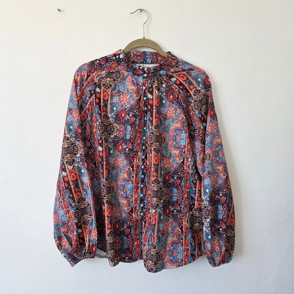 Paisley Multicolor Blouse Top Peasant High Neck Orange Blue Boho Mandala L